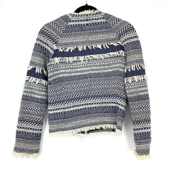 Club Monaco Full Zip Blazer Womens Size 4 Blue Cream Fringe Textured Striped - Picture 2 of 6